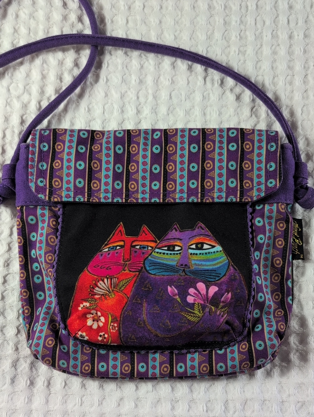 Laurel Burch Colorful Cat Fabric Crossbody Bag Purple Striped Boho